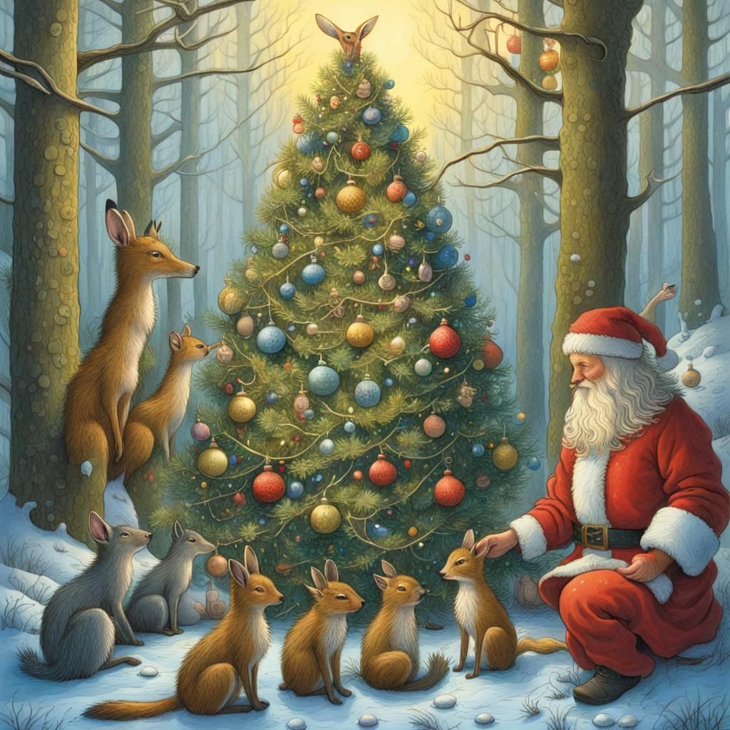 a decorated Christmas tree in the forest, forest animals gat...