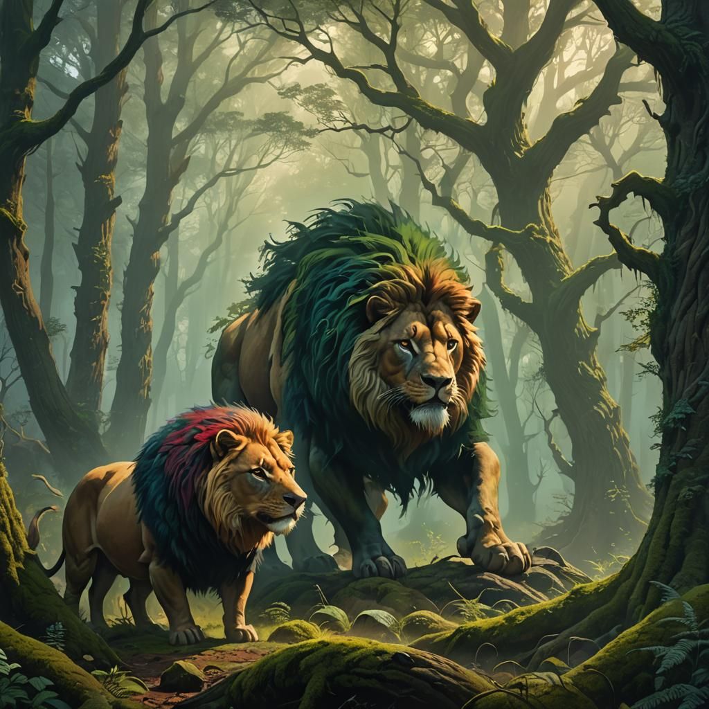 Lion-Pig Creature in Misty Forest: Fantasy Concept Art