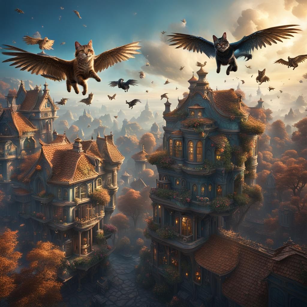 Winged Housecats Fly: Detailed Fantasy Concept Art