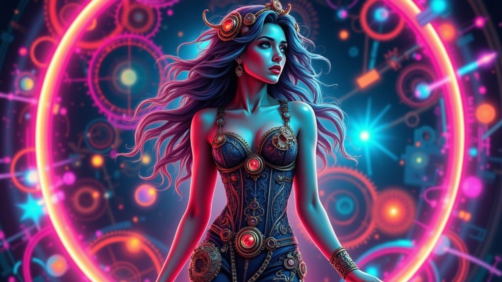 Ethereal Steampunk Goddess in Neon Radiance