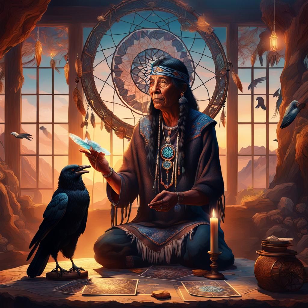 Native American Tarot Reader in Bright Room