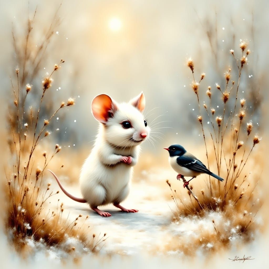 <lora:Impressionist:1.0> a charming painting of a small white mouse standing on its hind legs in a field with patches of...