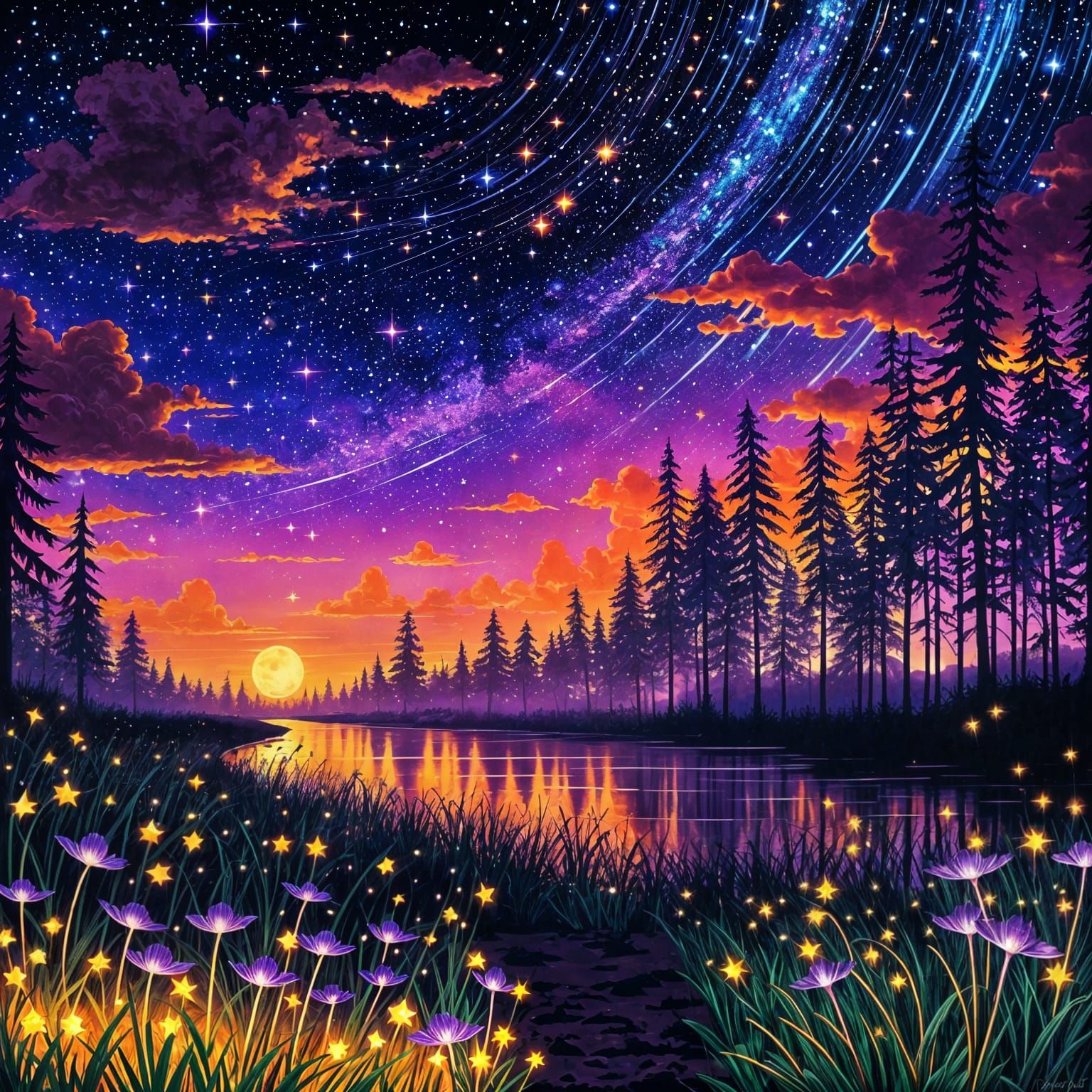 Vibrant Neon Sunset with Magical Fireflies