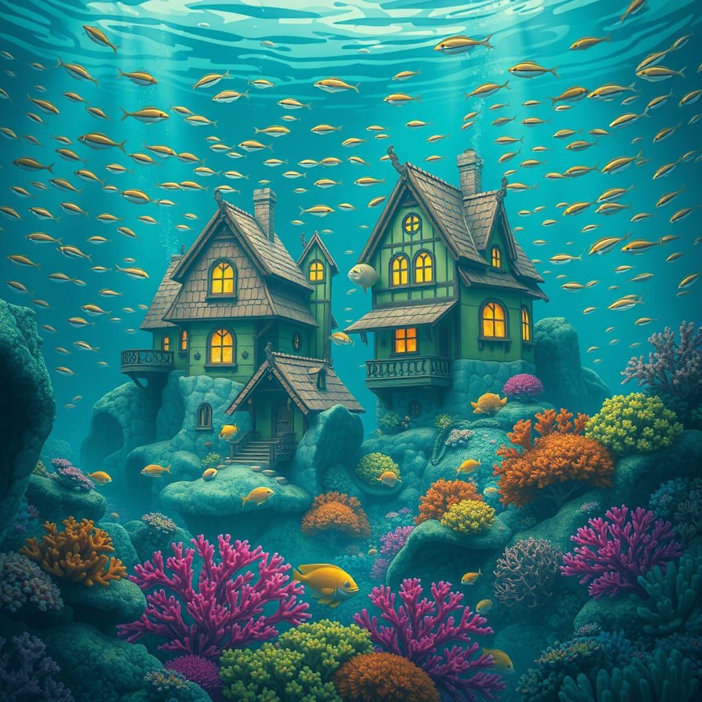 Underwater Houses with Coral Reefs: Dreamy Animated Style