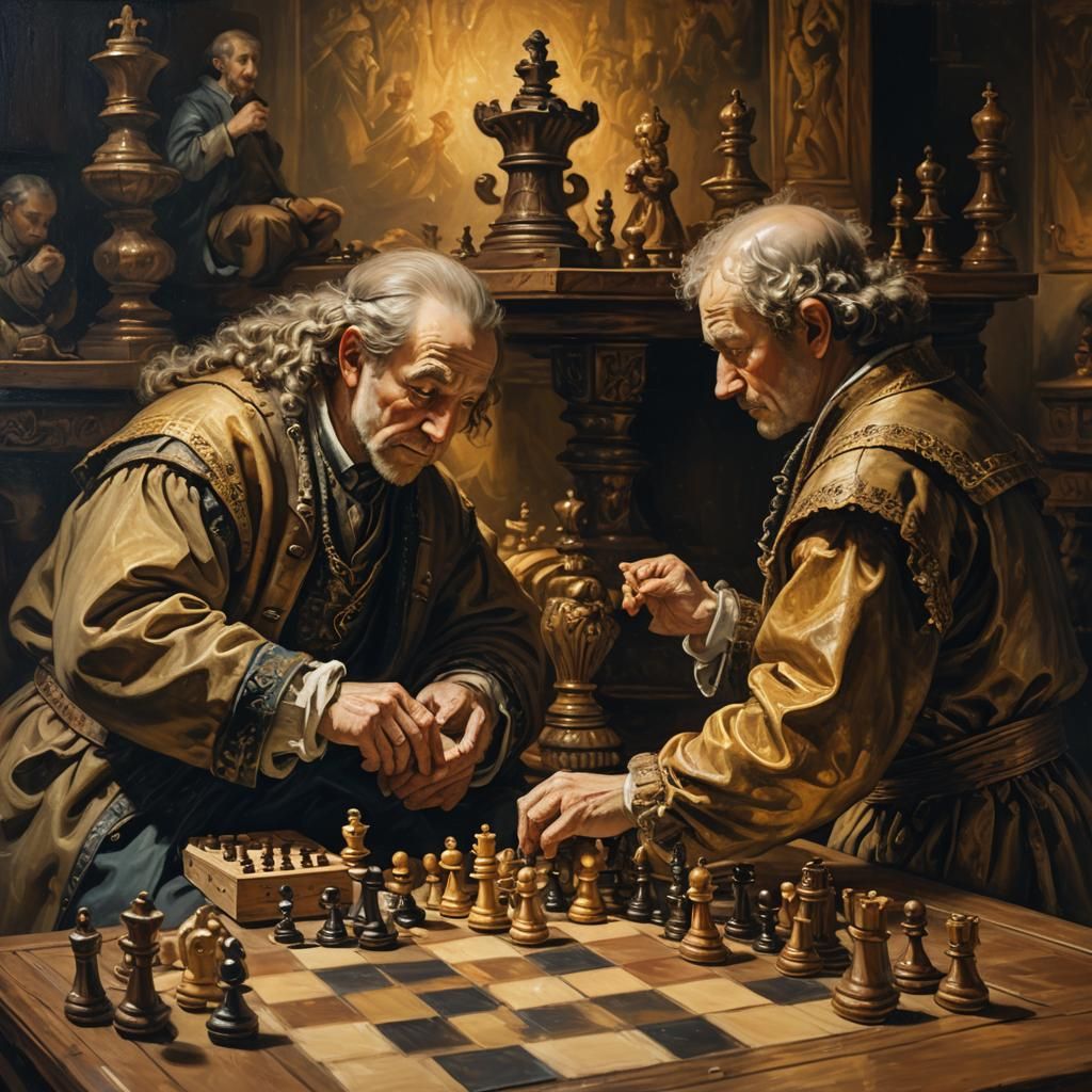 Chess Game in Warm Light: An Oil Painting
