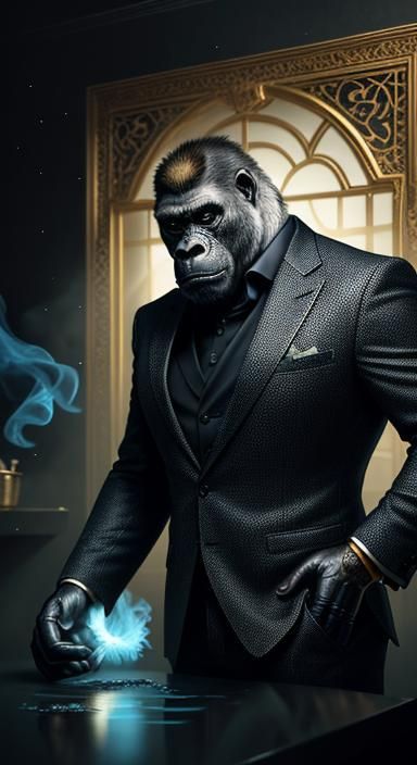 Silverback Gorilla in Suit, Hyperrealistic Jungle Scene