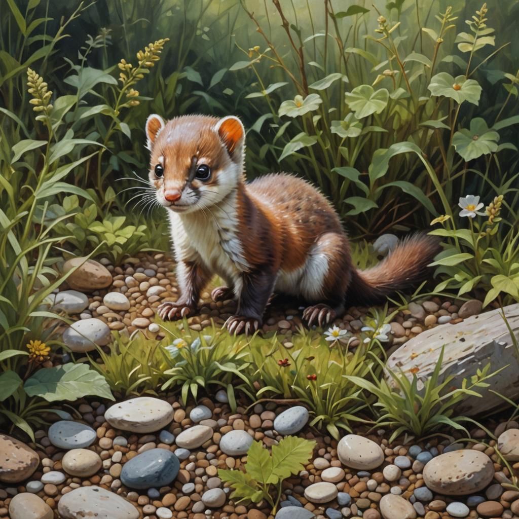 Baby Weasel in Meadow, Oil Painting