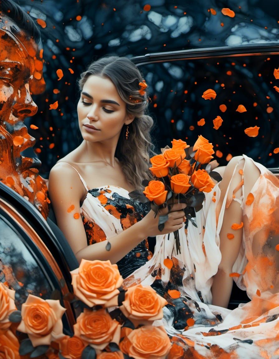 Happy Woman with Roses in Surreal Double Exposure