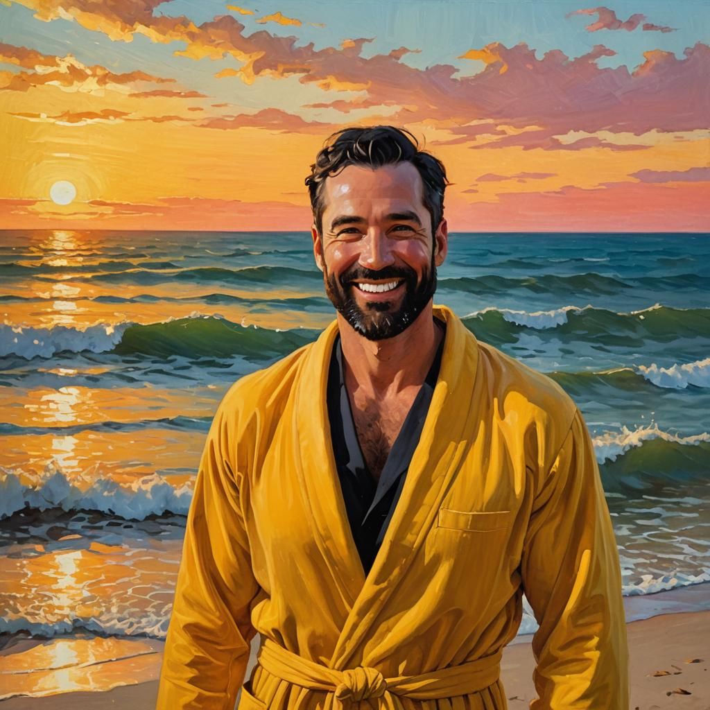 Smiling Man in Velvet Bathrobe, Impressionist Oil Painting