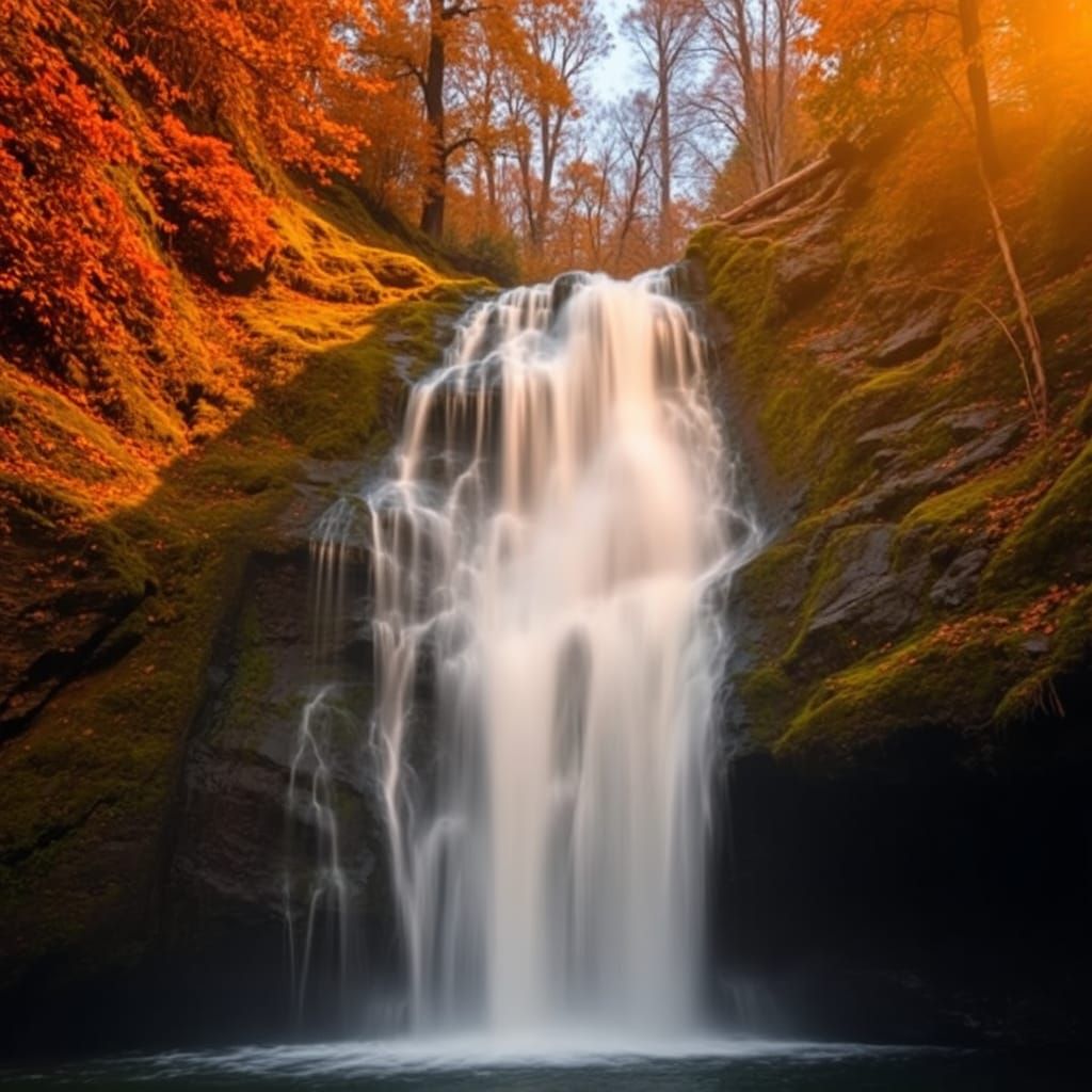 Autumn Waterfall with Mystical Golden Light