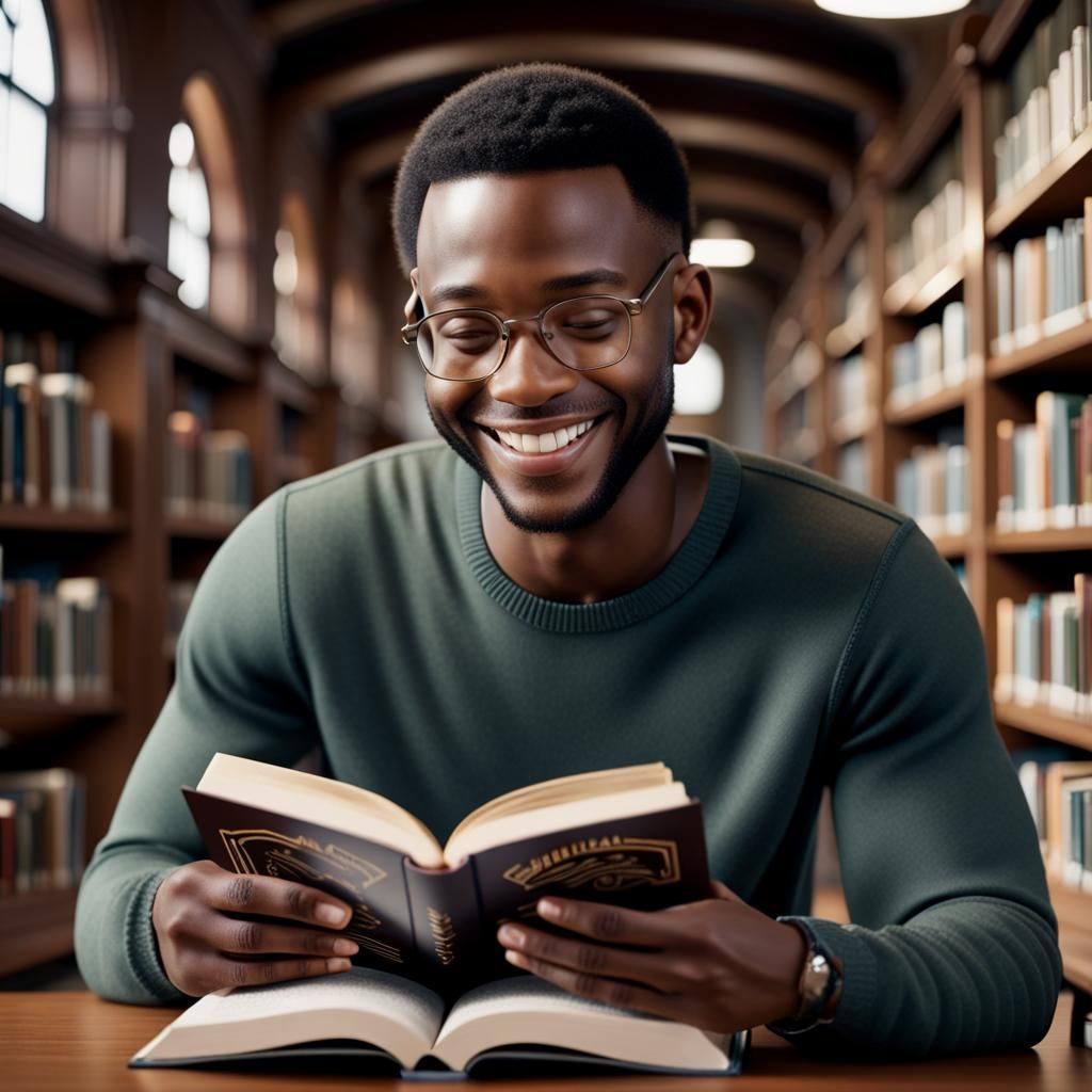 Smiling Black Male Reading in Library, 8K
