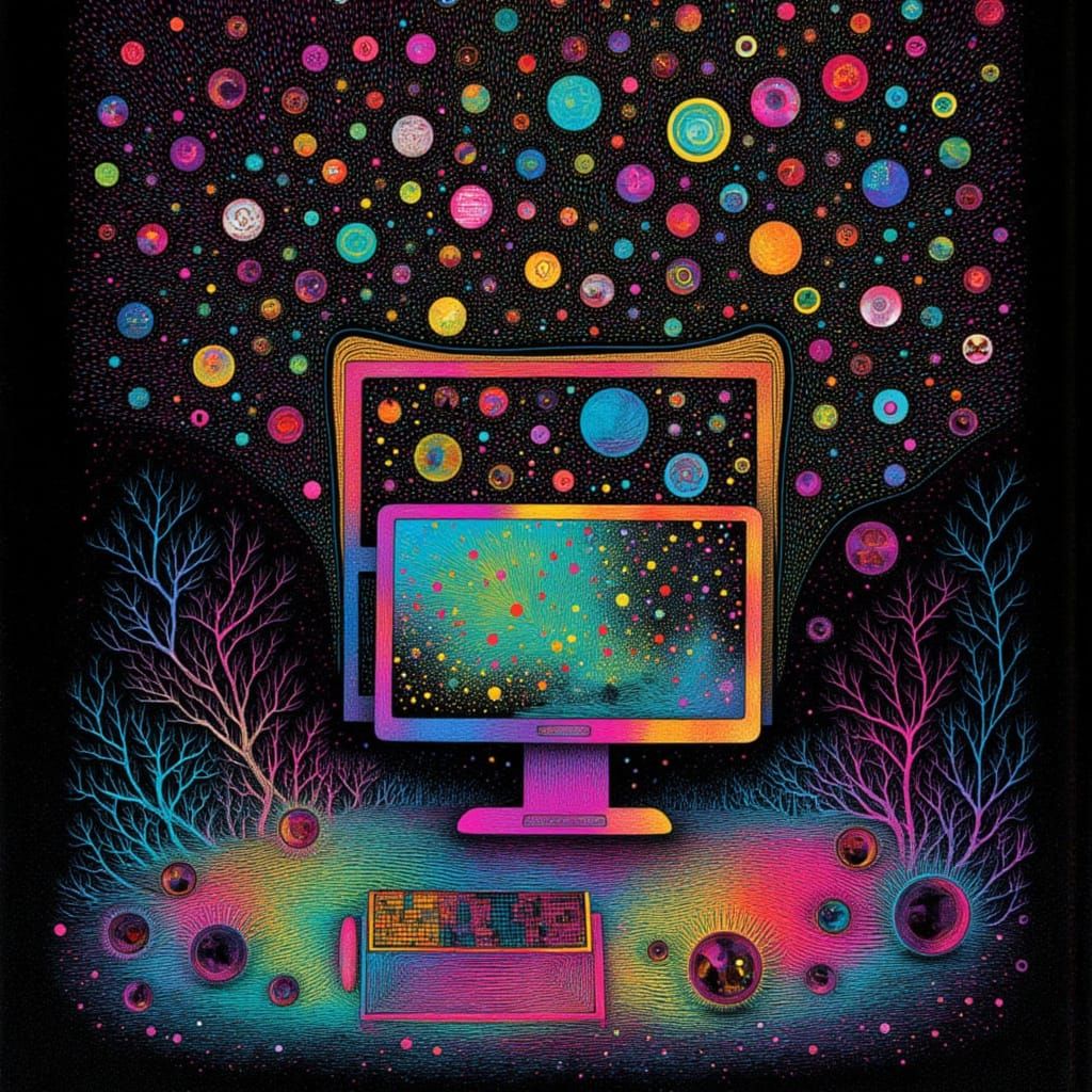 Surreal Glitching Computer Screen in Escher Magritte Style