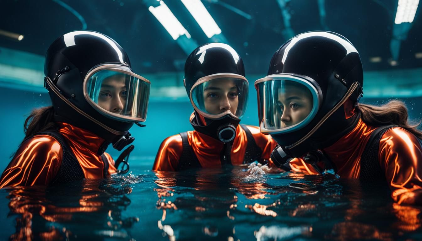 Futuristic Scuba Girls in Underwater Training Pool