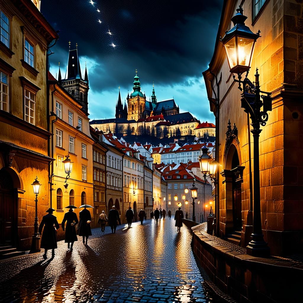 Prague's Malá Strana at Night in Matte Painting Style