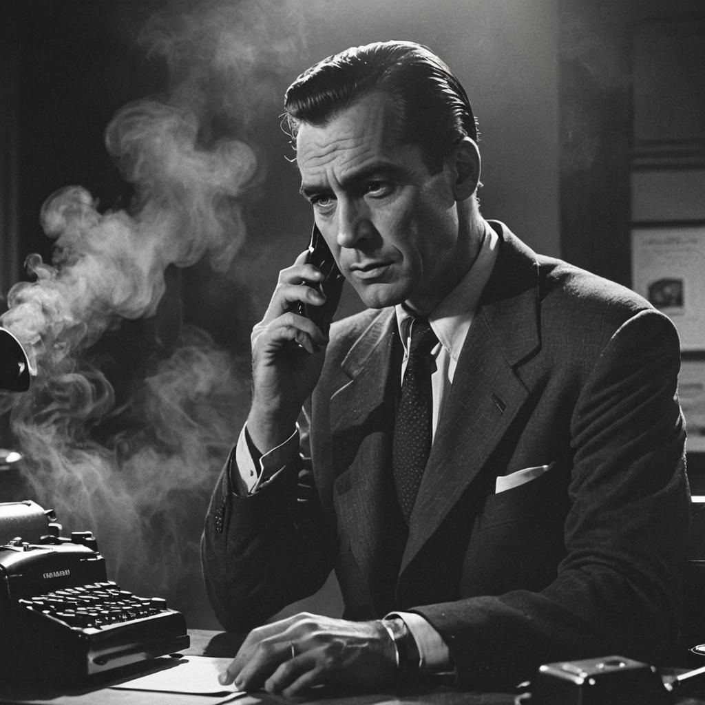 Film Noir Detective Talking on Phone in Smoky Office