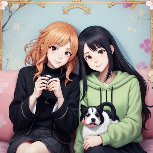 Anime Girls Loving Puppy in Manga Style