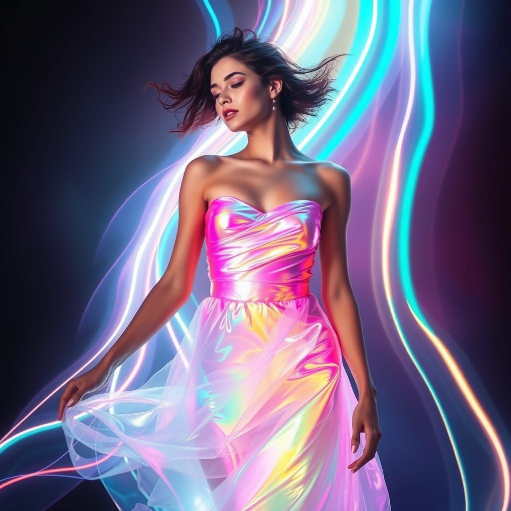 Woman in Iridescent Dress with Prism Lighting
