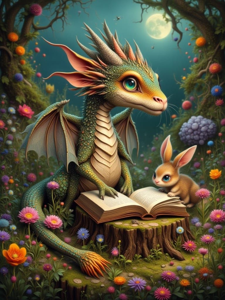 Dragon and Rabbit Read Together in Dreamlike Forest