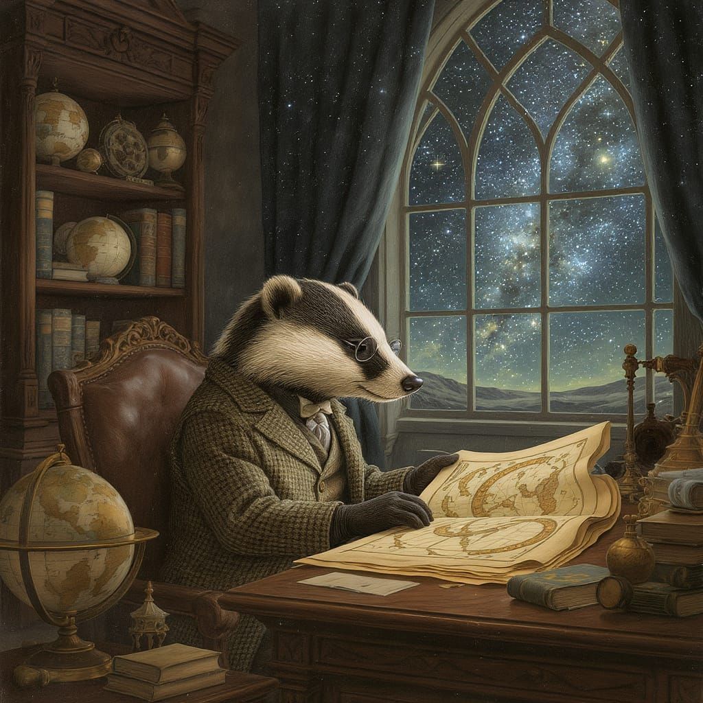 Badger Scholar Studying Nebula in Storybook Style