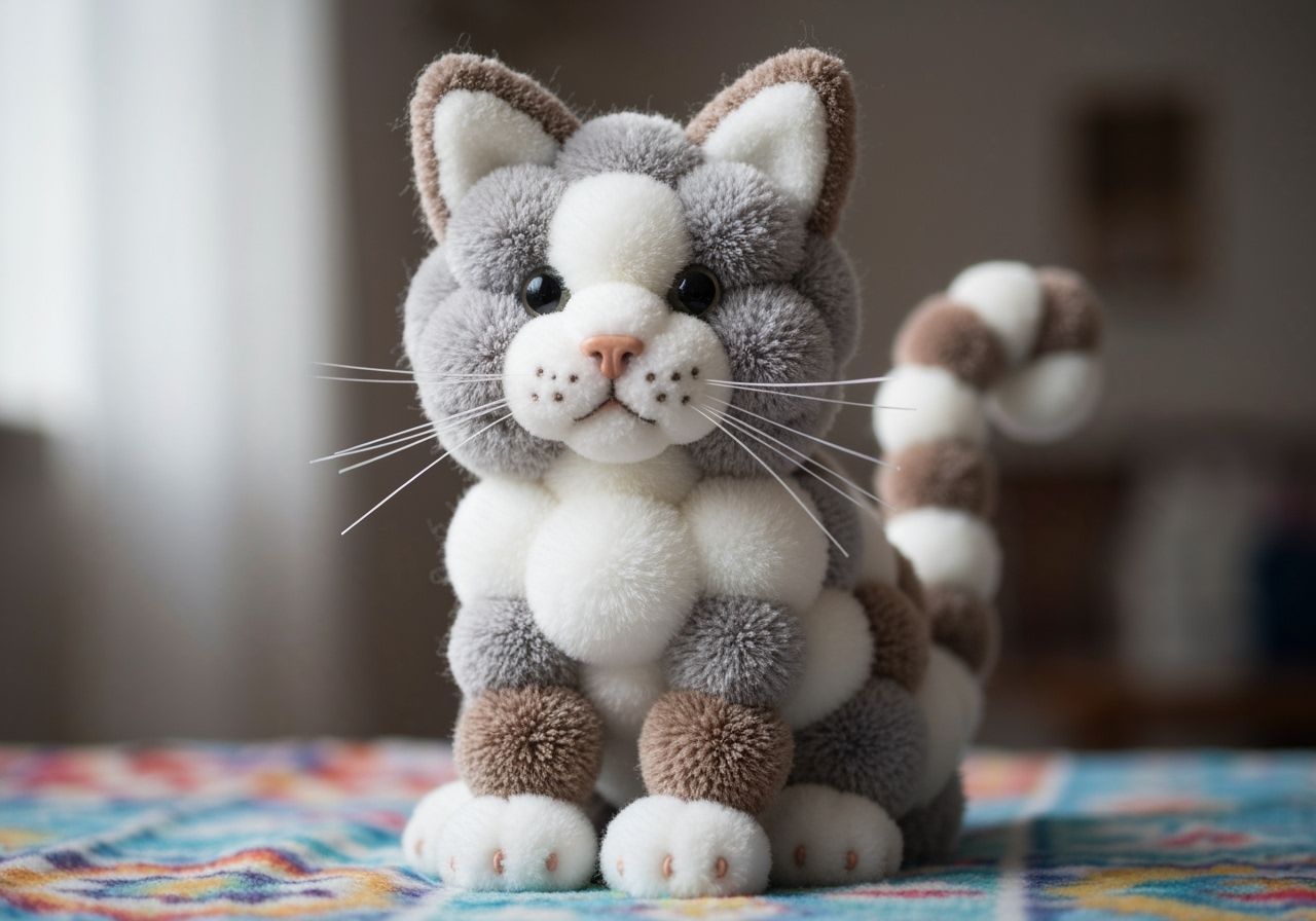 Fluffy Pom Pom Cat Toy on Colorful Blanket