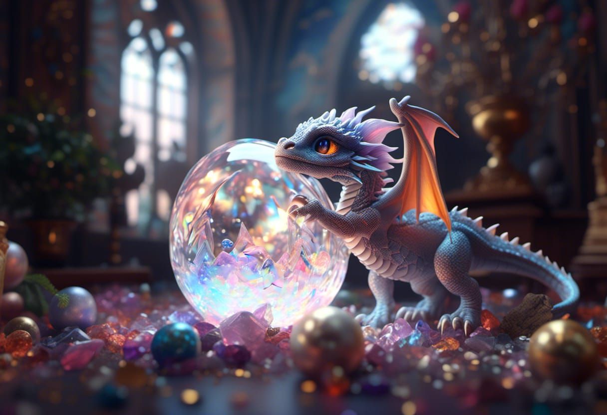 Crystal Dragon Hatchling in Maximalist Digital Painting