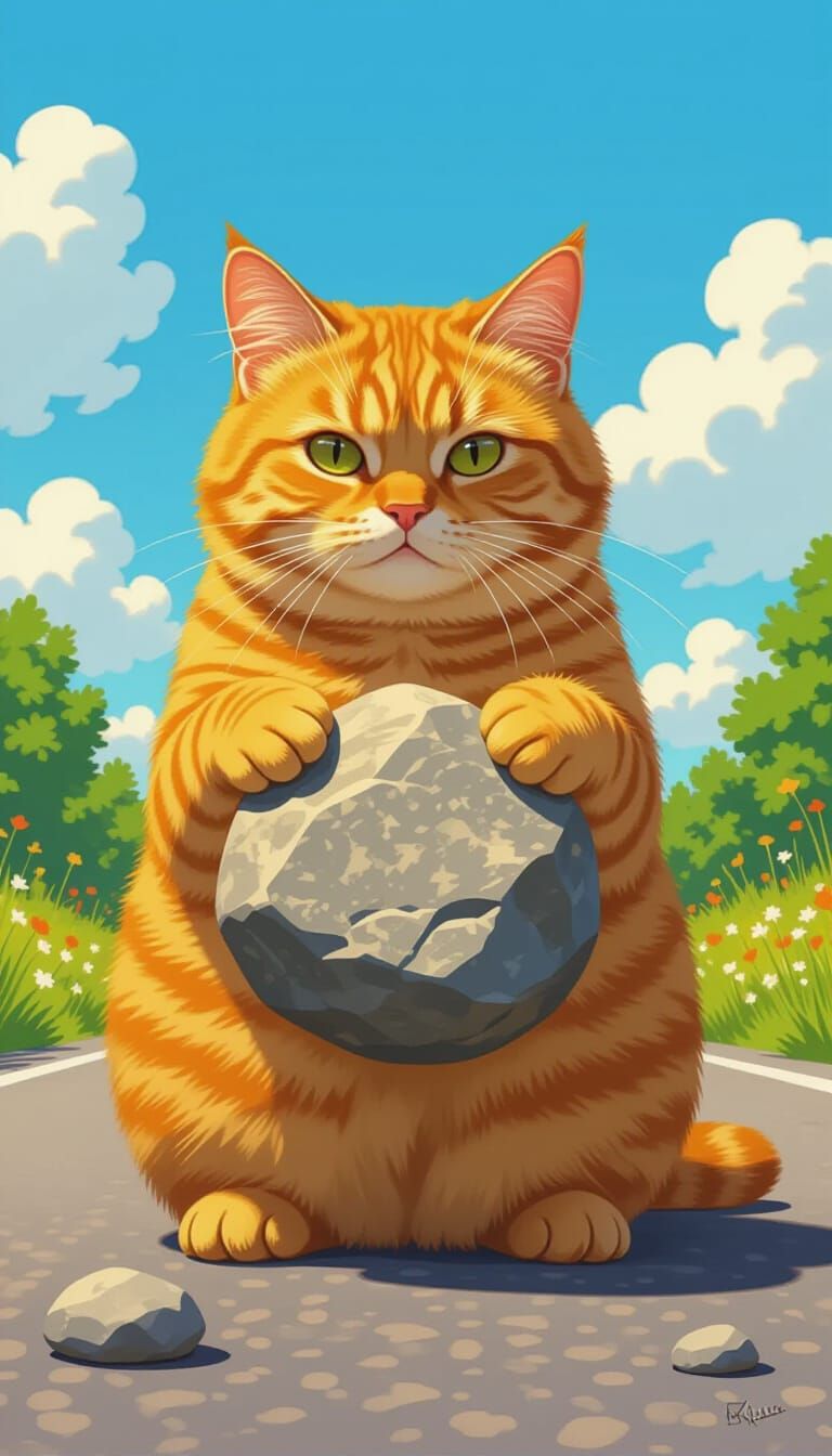 Adorable Orange Tabby Cat Holds Rock in Sunny Countryside
