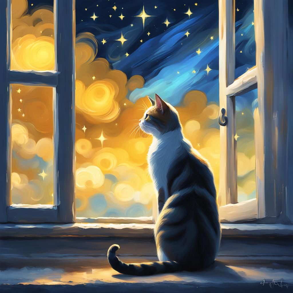 Cat Contemplates Starry Night Sky: Impressionist Expressioni...