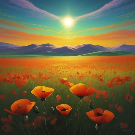 Glowing Poppy in Abstract Field, Golden Hour Lighting