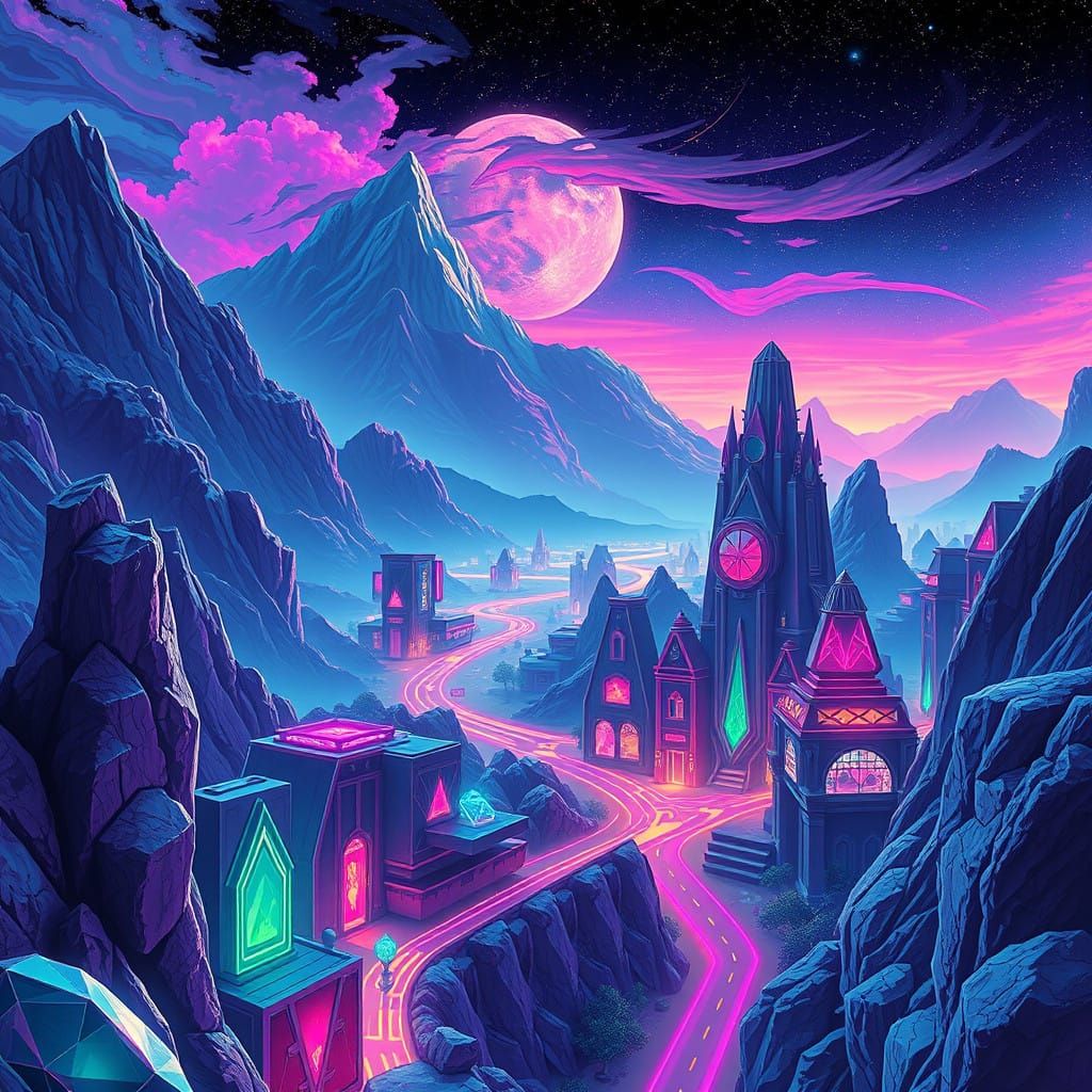 Vibrant Gemstone Dreamscape in Neon Synthwave Style