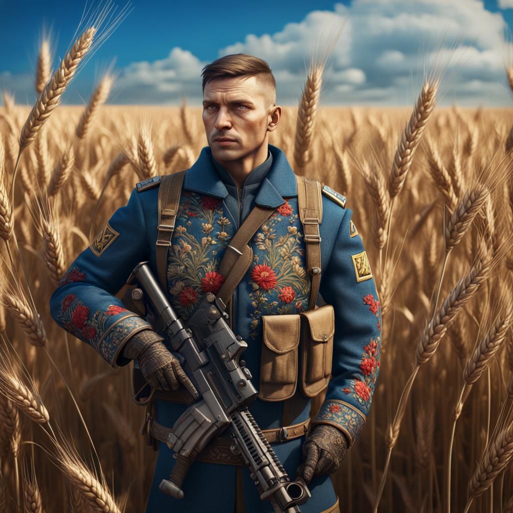 Ukrainian Soldier in Wheat Field: Detailed Matte Painting