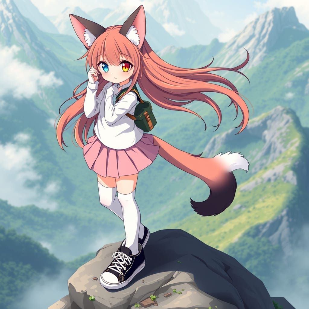 Anime-Inspired Neko Girl in Majestic Mountain Setting