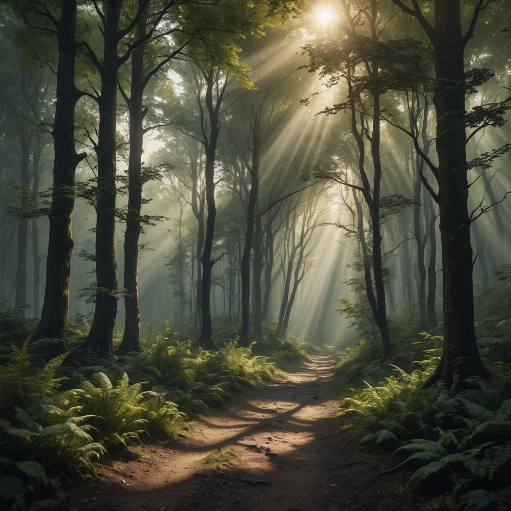 Sunlit Path Through Forest: Detailed Matte Painting
