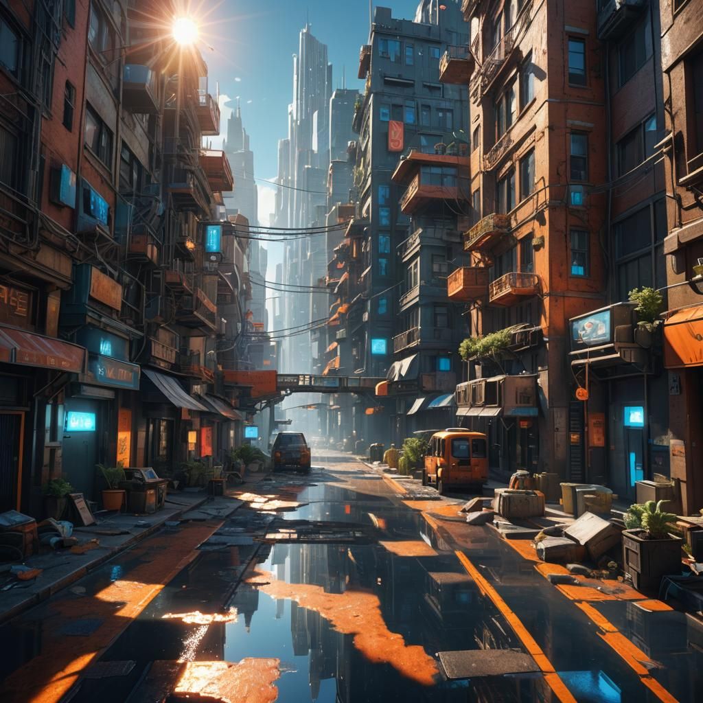 Futuristic Cityscape in Bright Sunlight, Digital Art