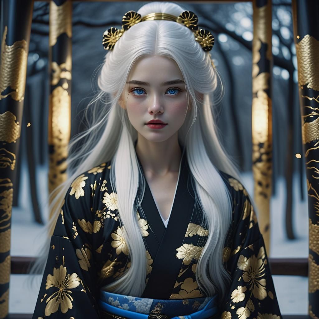 Woman with White Hair in Black and Gold Kimono