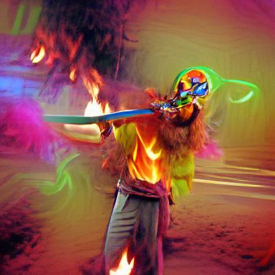 Masked Figure with Flaming Sword in Color