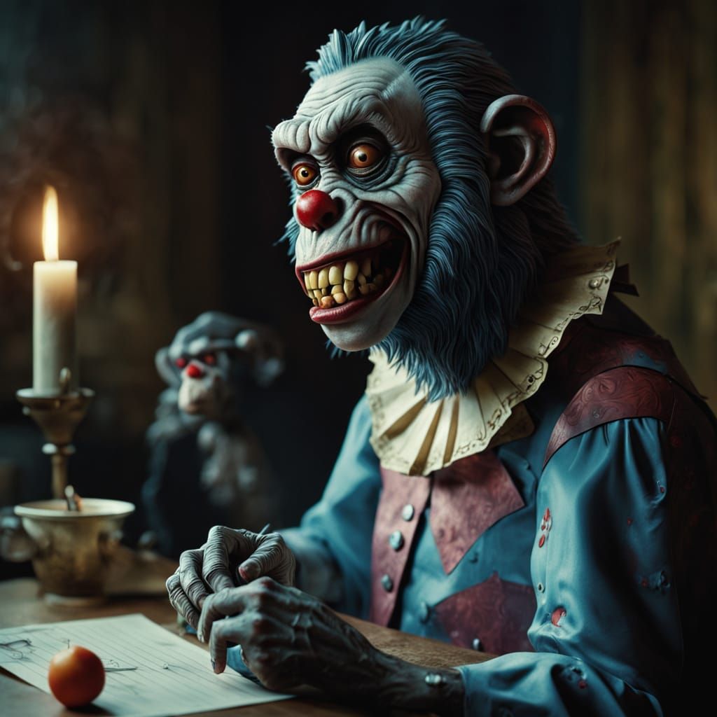 Hyper-Realistic Zombie Monkey Clown Eats Paper