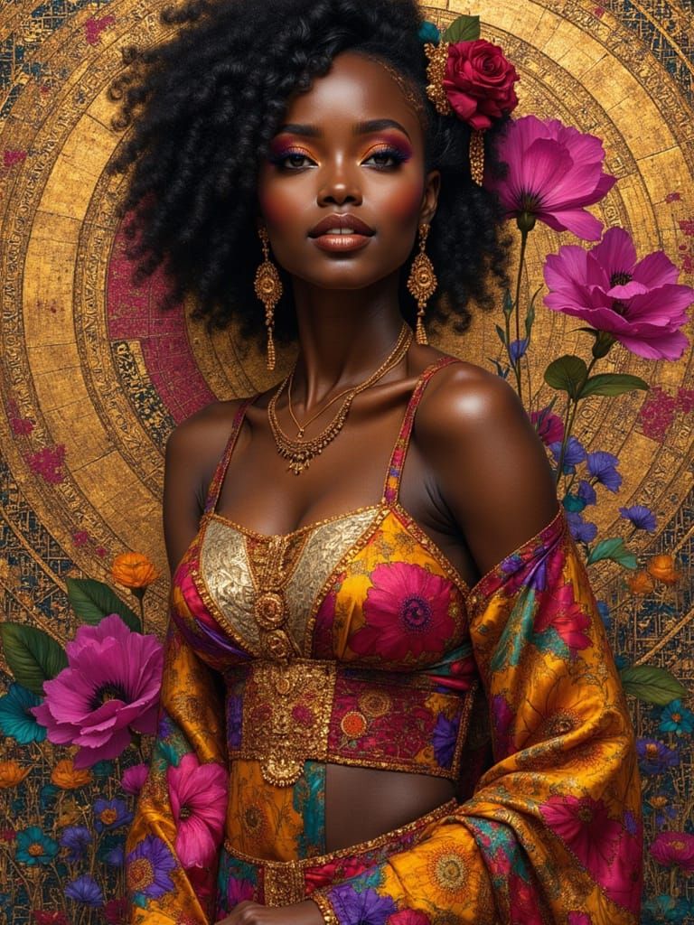 Smiling Black Woman Portrait with Glitchcore Fractal Art