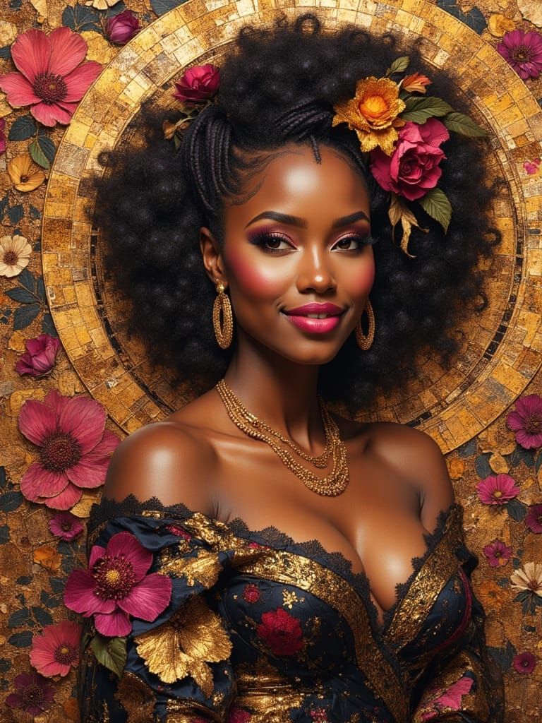 Glitchcore Portrait of Smiling Black Woman in Fractal Settin...