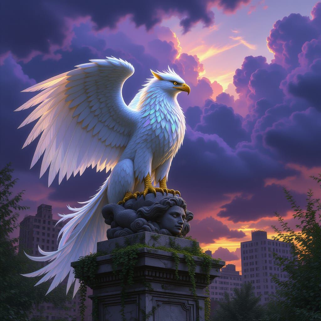 Griffin Perched on Statue in Forgotten Urban Park