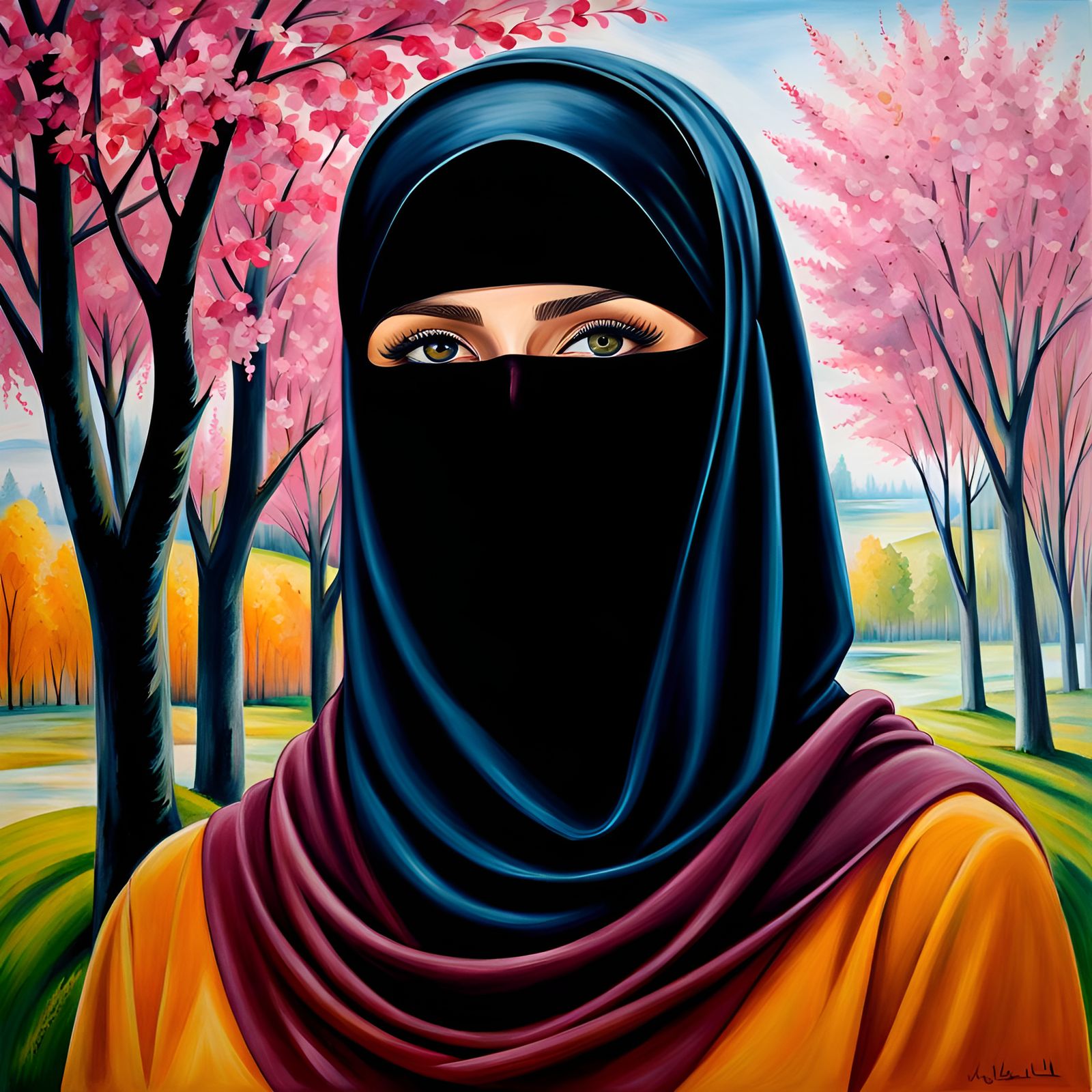 Elegant Young Woman in Niqab: Realistic Oil Painting
