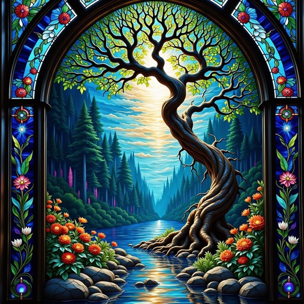 Stained Glass Tree in Kaleidoscopic Forest