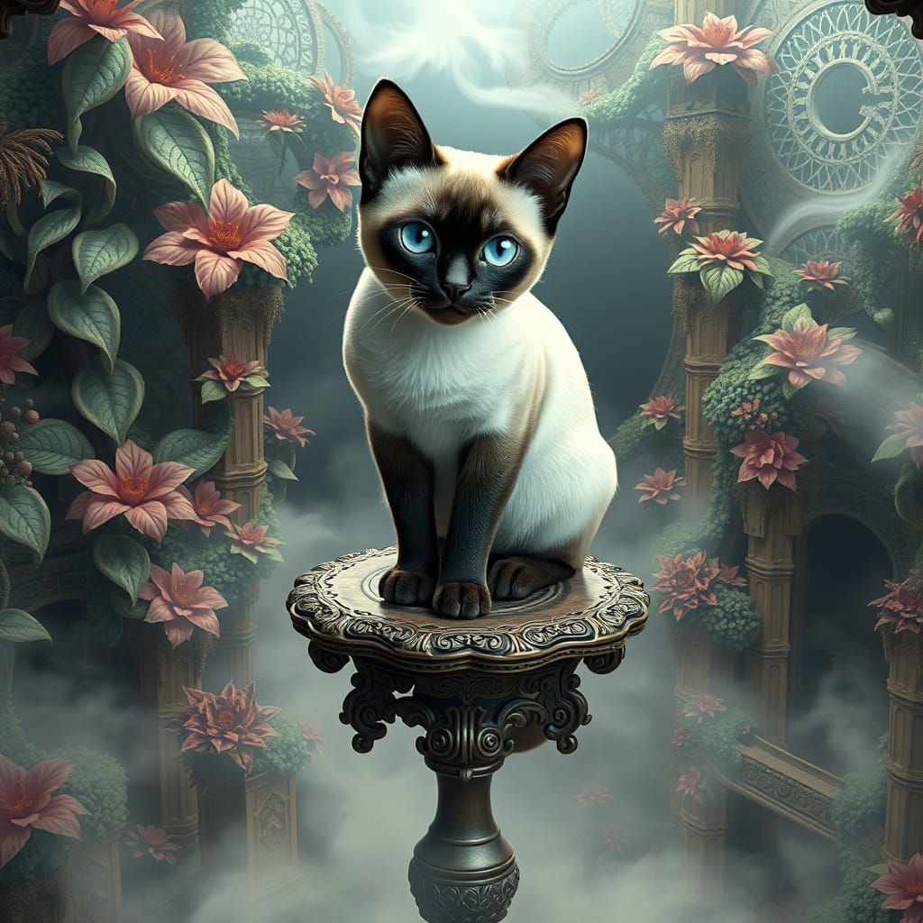 Ethereal Siamese Cat in Dreamlike, Futuristic Landscape
