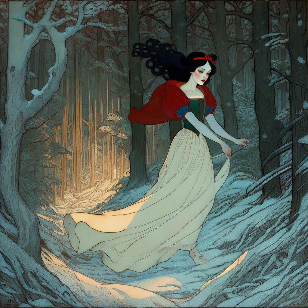 Mysterious Twilight Woodland Scene in Elegant Art Nouveau St...