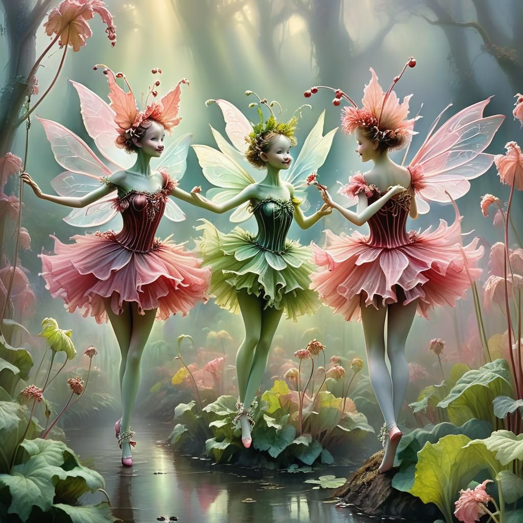 Dancing Rhubarb Fairies in Ethereal Fantasy Style