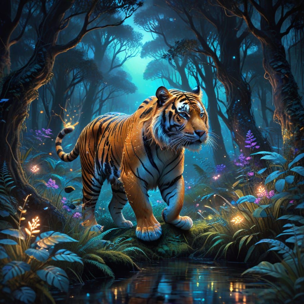 Bioluminescent Tiger in Mystical Forest at Twilight