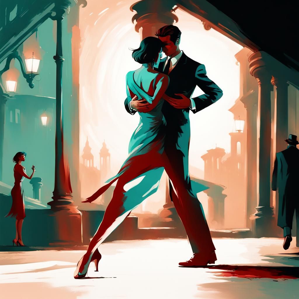 Noir Detective Dancing with Woman in City Lights