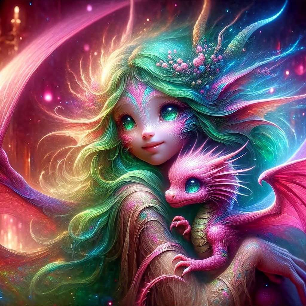 Fairy Hugging Dragon in Romantic Watercolor Style