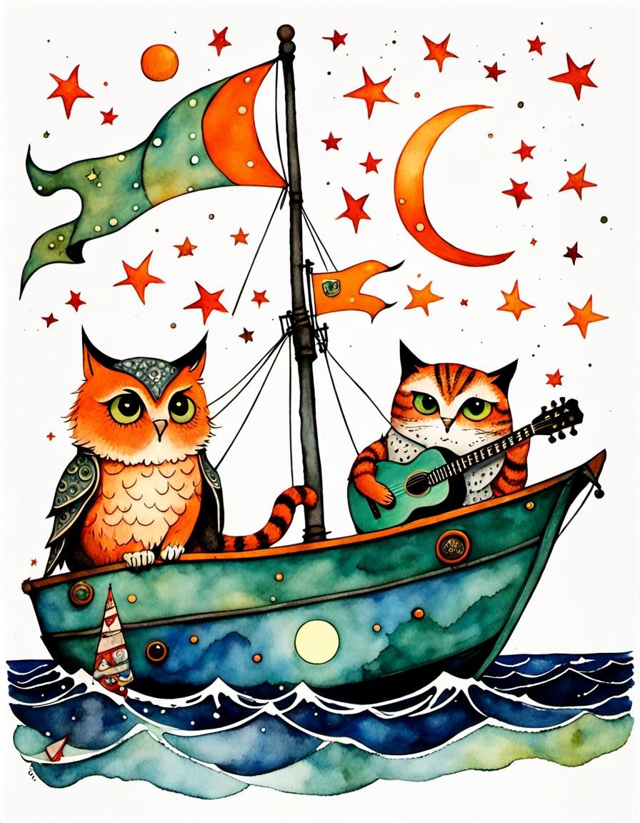 Owl and Cat's Night Voyage in Storybook Style