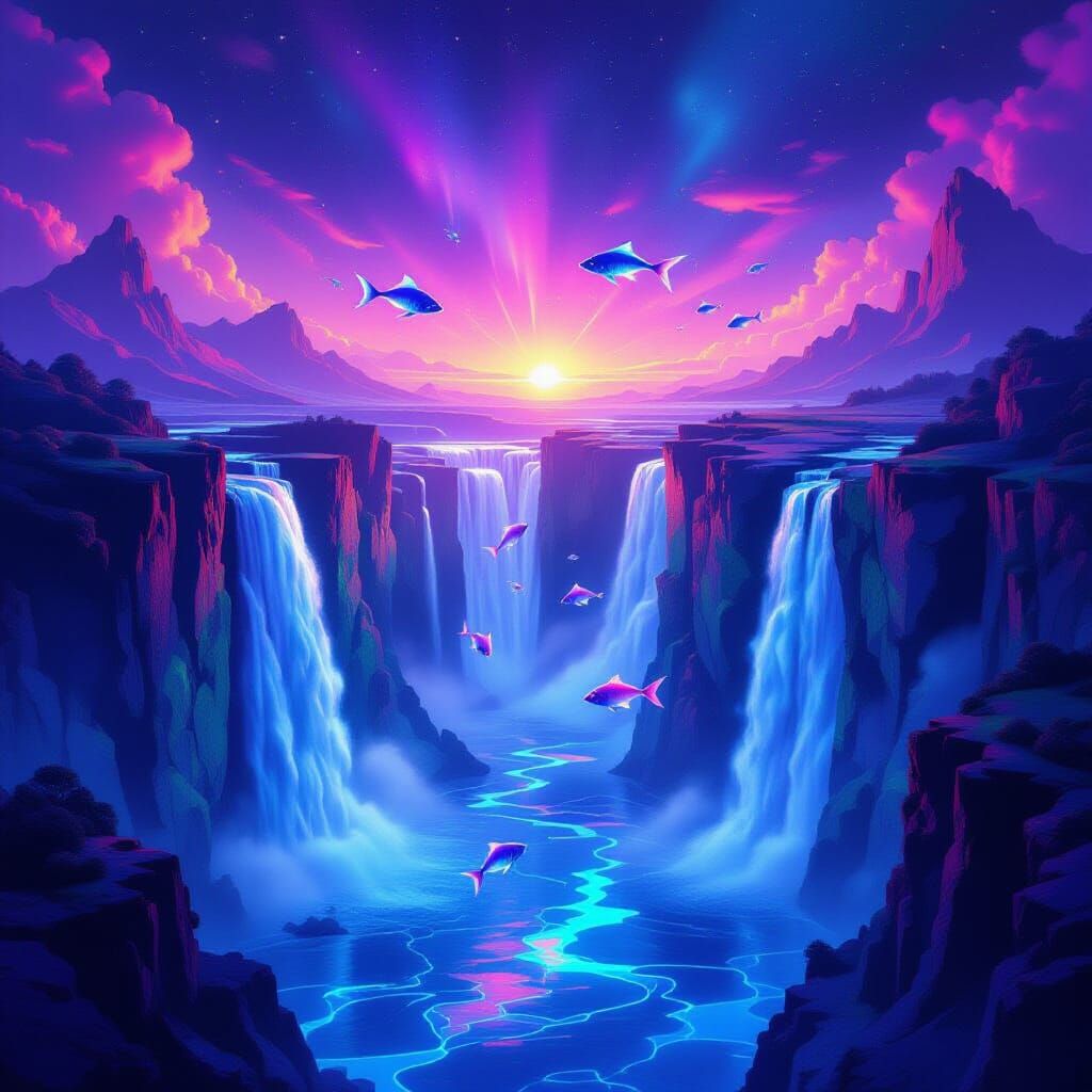 Crystal Waterfall Over Geometric Cliffs in Neon Gradients