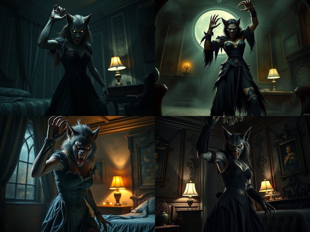 Furious Female Werewolf Attack in Gothic Bedroom